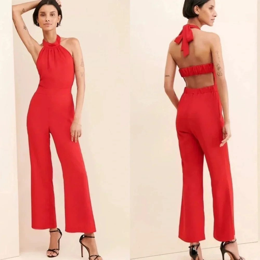 NWT Adelyn Rae Crepe Halter Jumpsuit Wide Leg High Waist Open Back Red, XS - Picture 5 of 6
